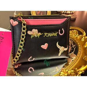 Betsey Johnson Black Zip Wallet Coin Pouch Gold Chain Heart Print NWT